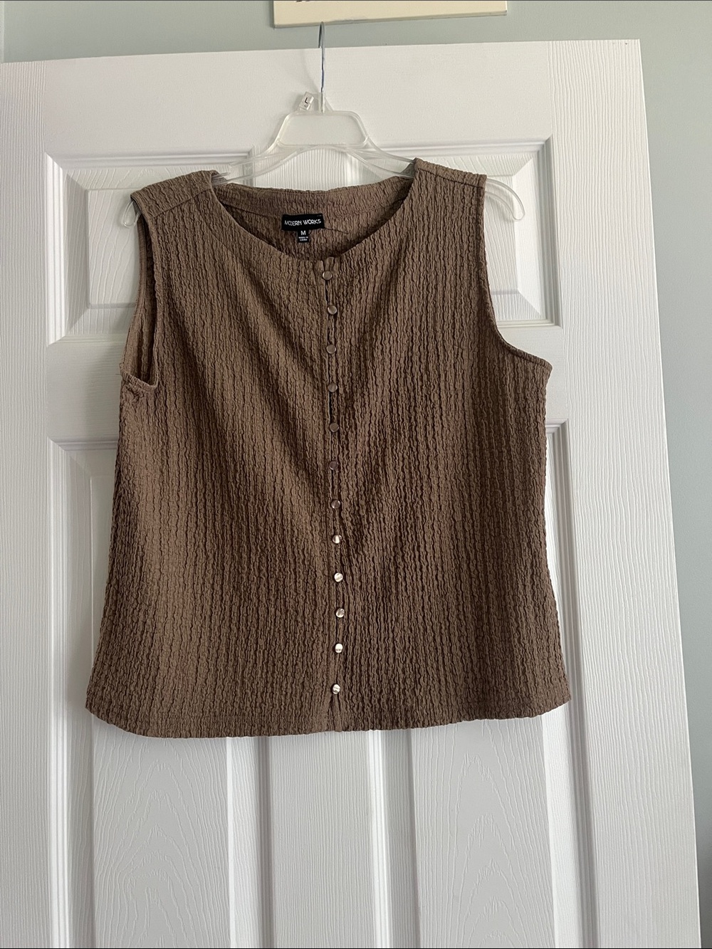 Sleeveless Textured Brown Button-Front Blouse